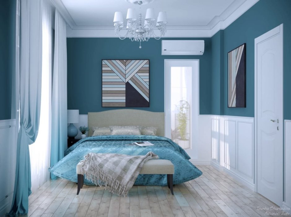 Спальня серо голубая дизайн