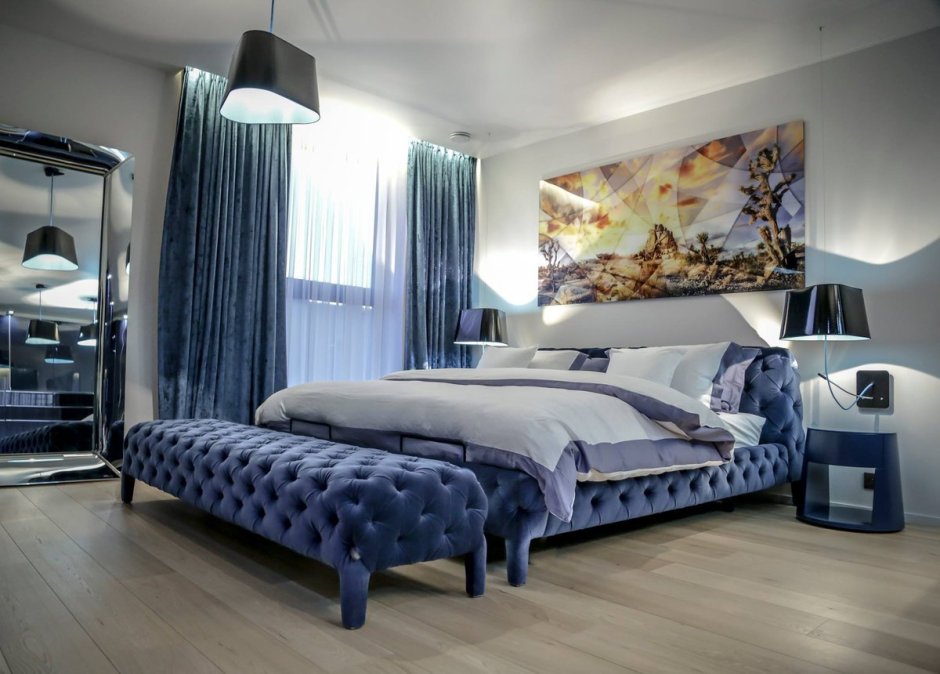Спальня в голубых тонах в современном стиле