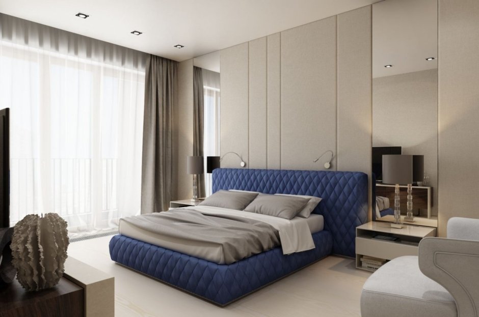 Дизайн спальни с голубой кроватью