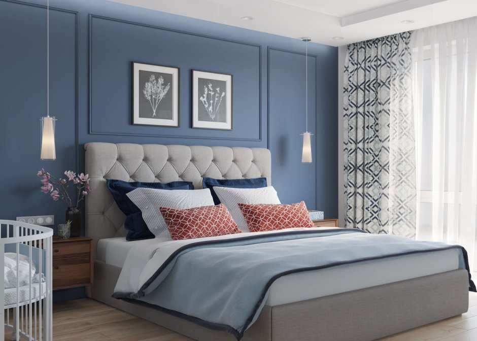 Скандинавская спальня с синим