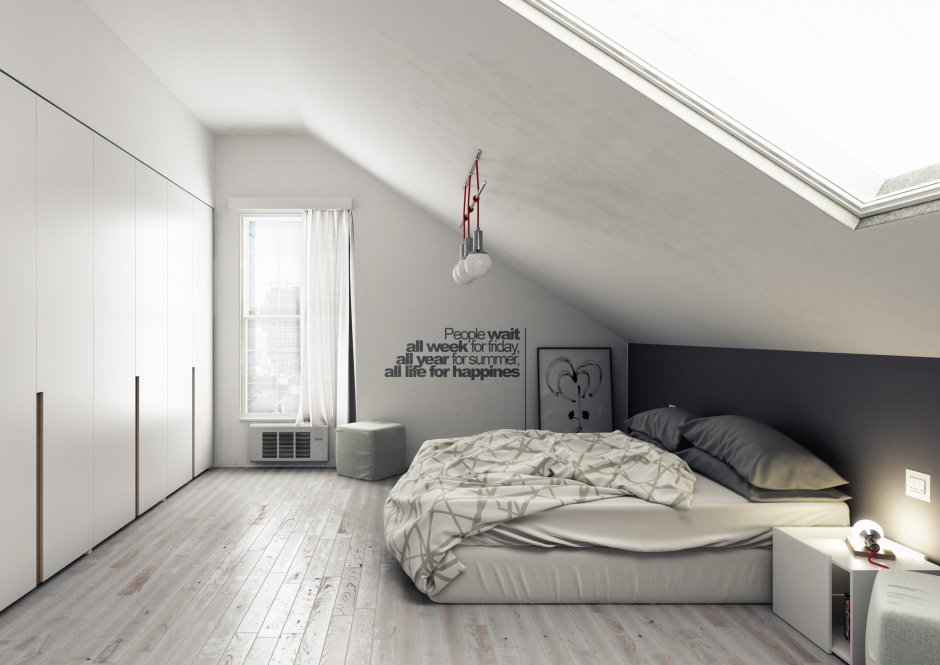 Спальня в мансарде со скошенным потолком