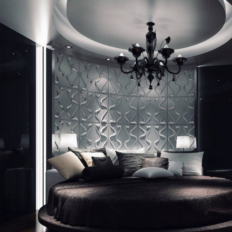 Дизайн спальни с черной люстрой