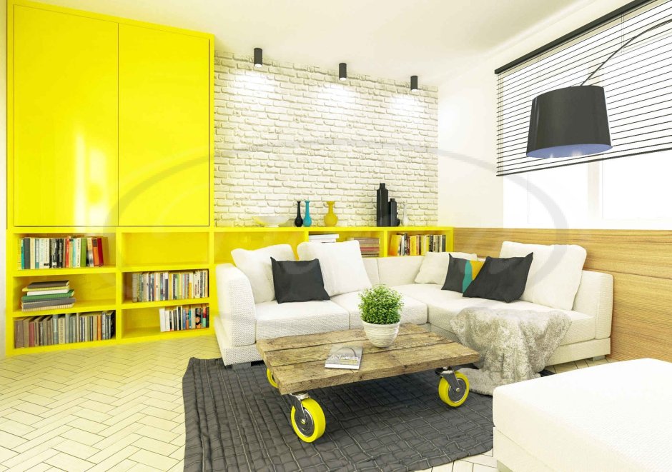 Желтый диван в сером интерьере