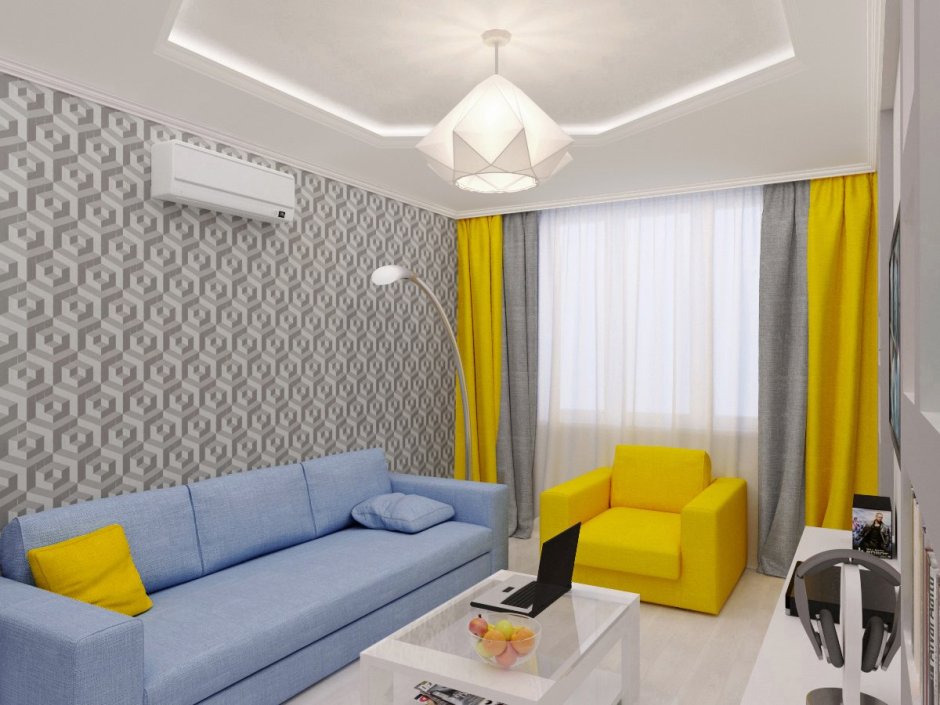 Желтый диван на серой стене