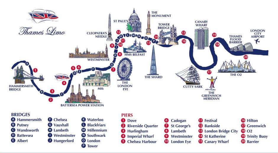 Карта реки Темза с достопримечательностями