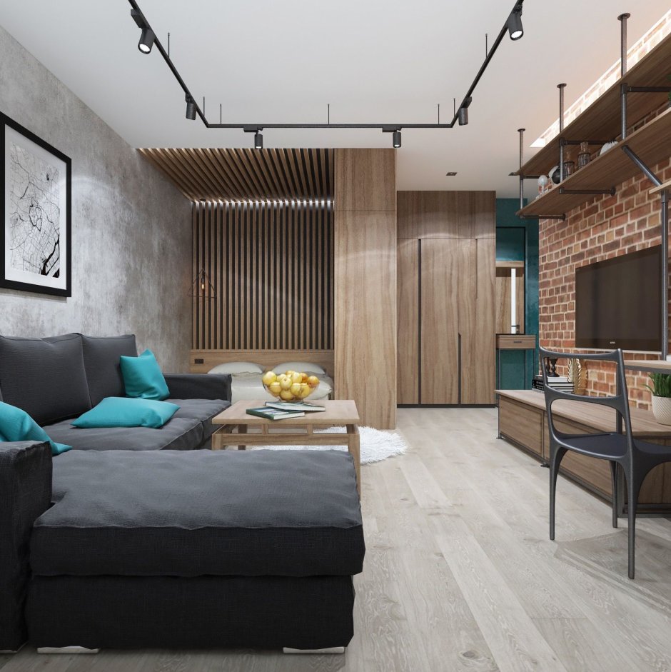 Интерьер лофт гостиная 30кв