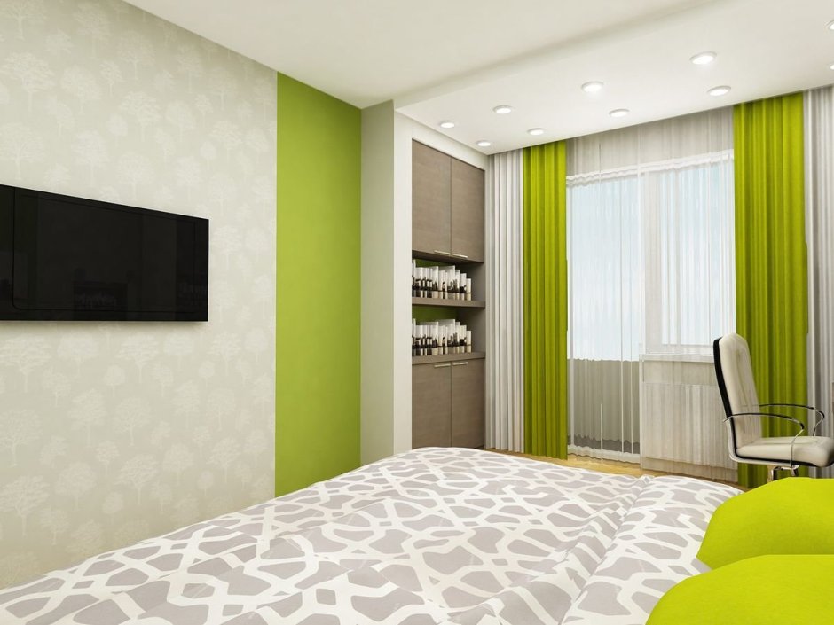 Спальня в современном стиле в светло зеленых тонах