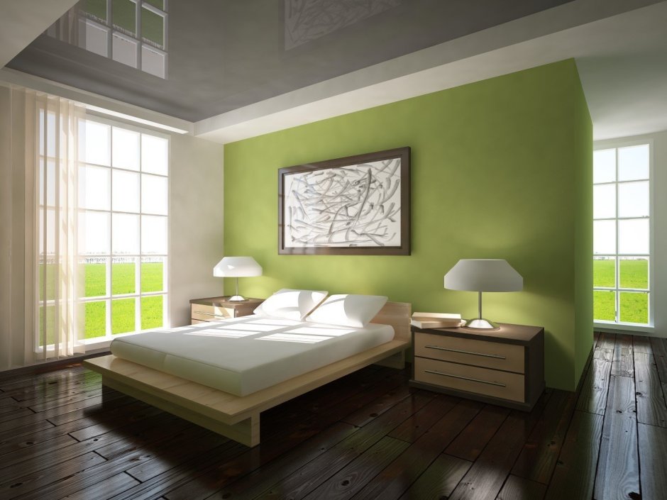 Зелено серая спальня