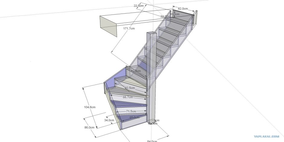 Лестница с забежными ступенями на 2 и подвальный этаж