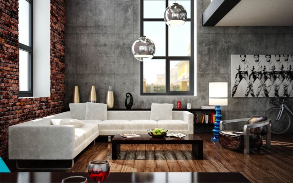 Серые стены в интерьере лофт