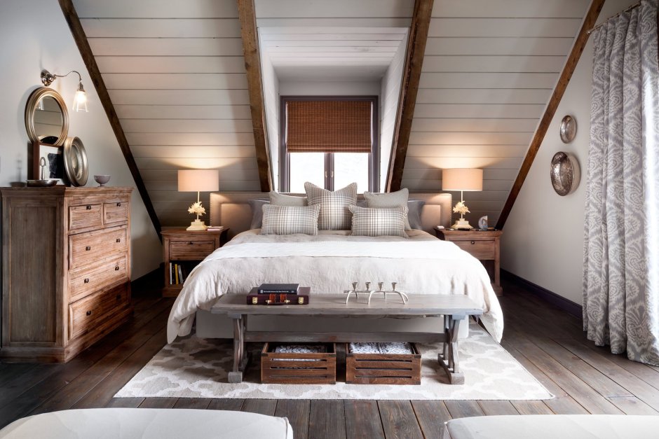 Спальня в стиле лофт в деревянном доме