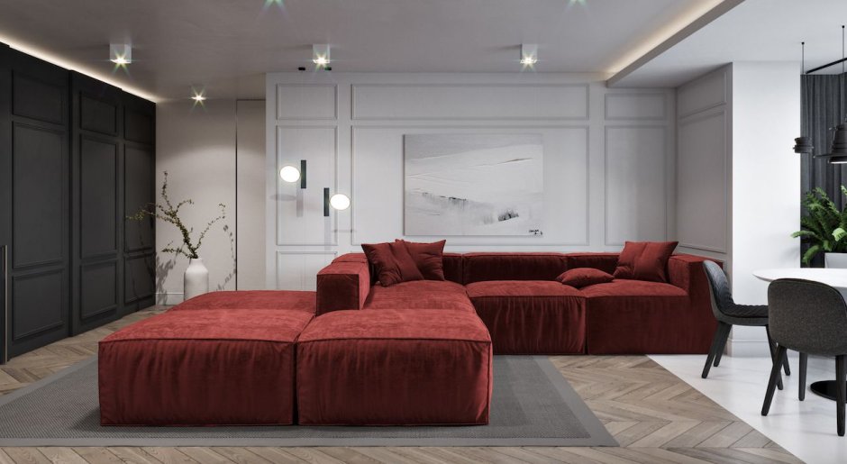 Бордовый диван в сером интерьере