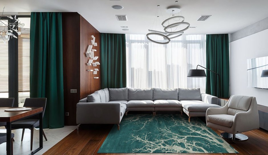 Гостиная с зеленым диваном