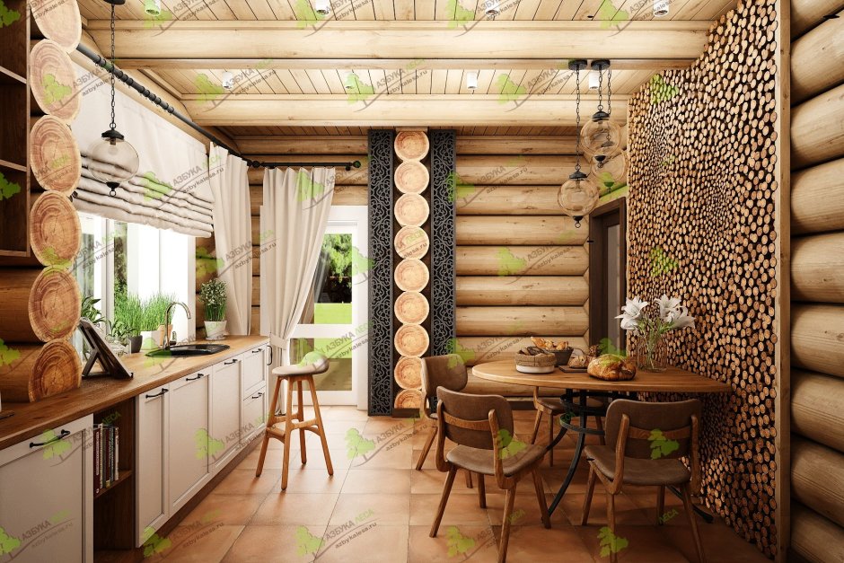 Интерьер кухни в эко стиле с деревянной стены