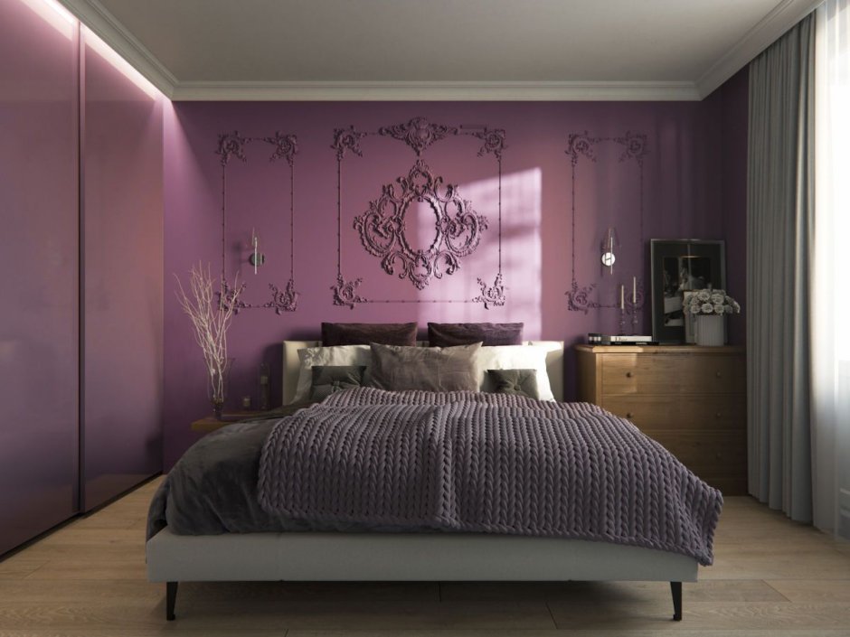 Фиолетовые стены в спальне