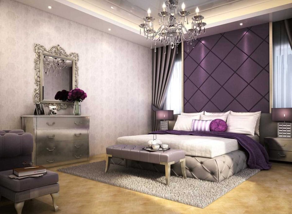 Спальня в серебристо лиловом цвете