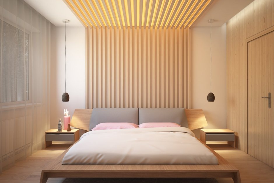 Деревянные рейки в интерьере на стене в спальне