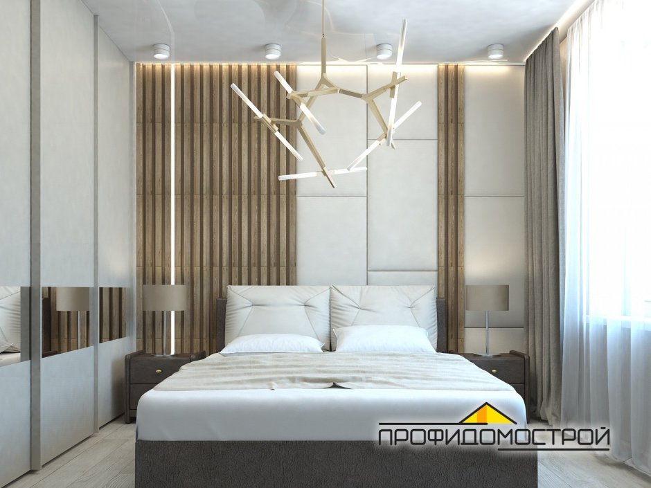 Спальня в современном стиле с деревянными рейками