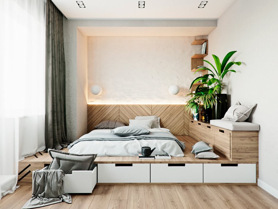 Двуспальная кровать в однокомнатной квартире дизайн