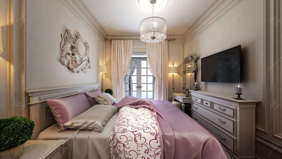 Узкая спальня в классическом стиле
