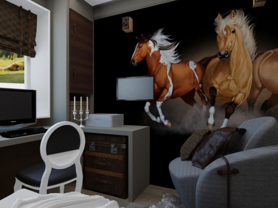 Интерьер комнаты с лошадьми