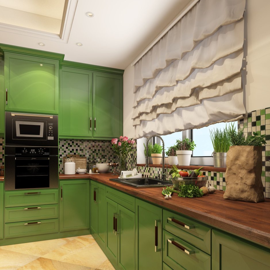 Белая кухня с зеленым фартуком
