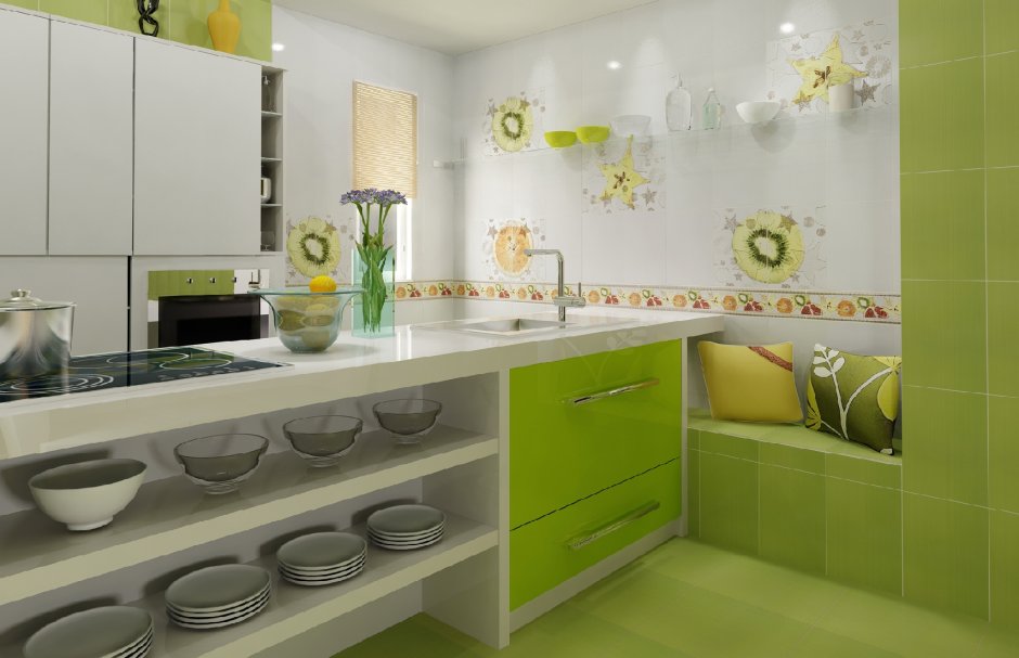 Дизайн кухни с зеленым фартуком