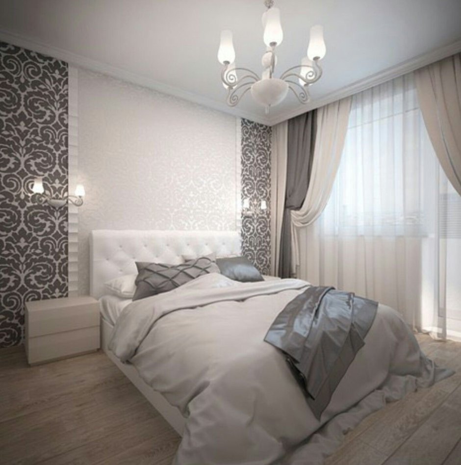 Прямоугольная спальня с белой мебелью