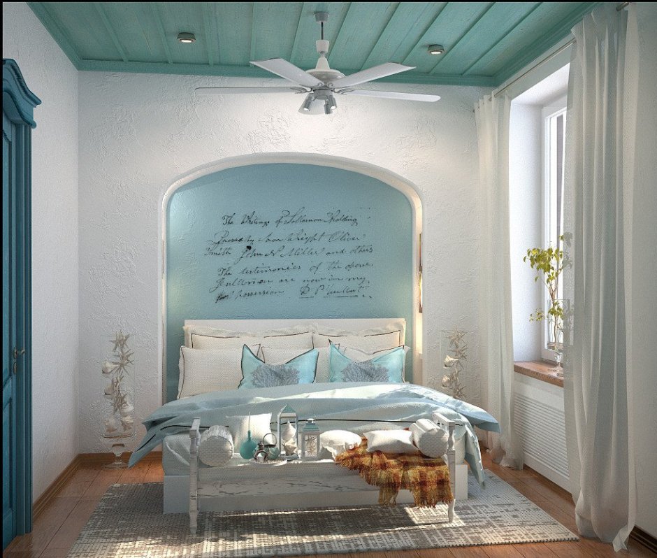 Светлая спальня с белой мебелью в средиземноморском стиле
