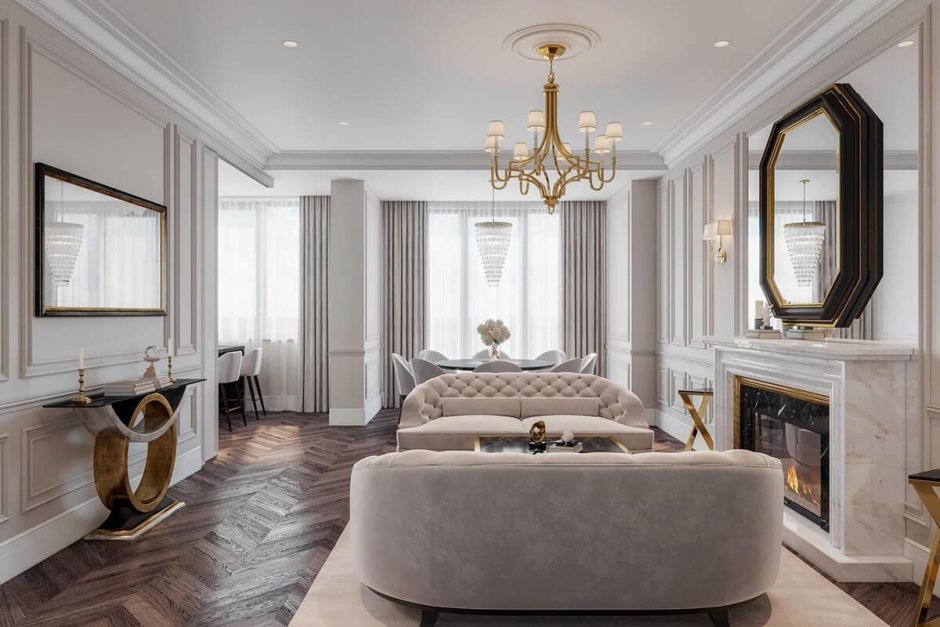 Линкруста в интерьере гостиной в стиле Неоклассика