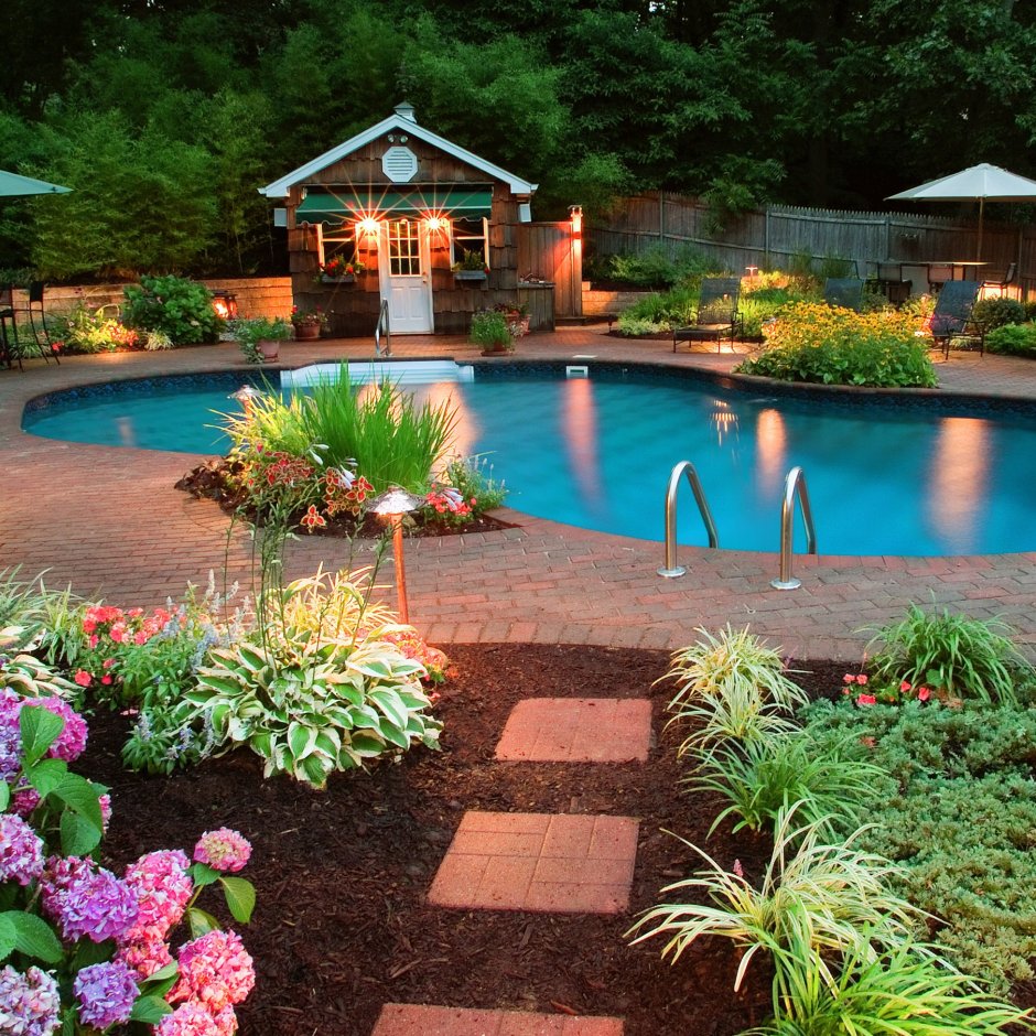 Современный сад с бассейном