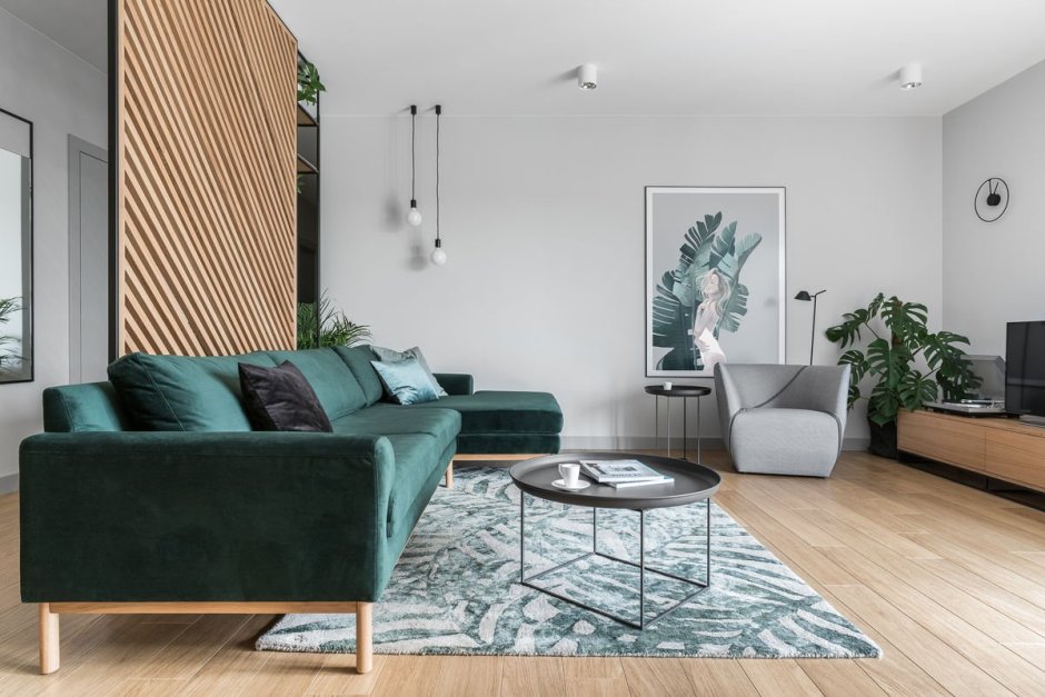Скандинавский стиль с зеленым диваном