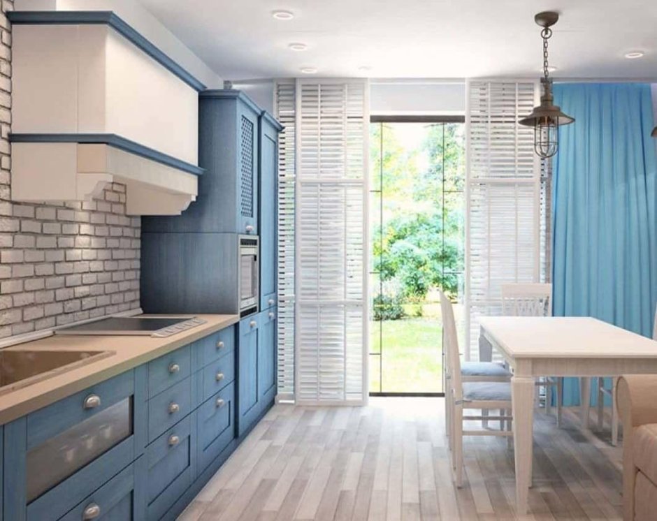 Бело голубая кухня гостиная в современном стиле