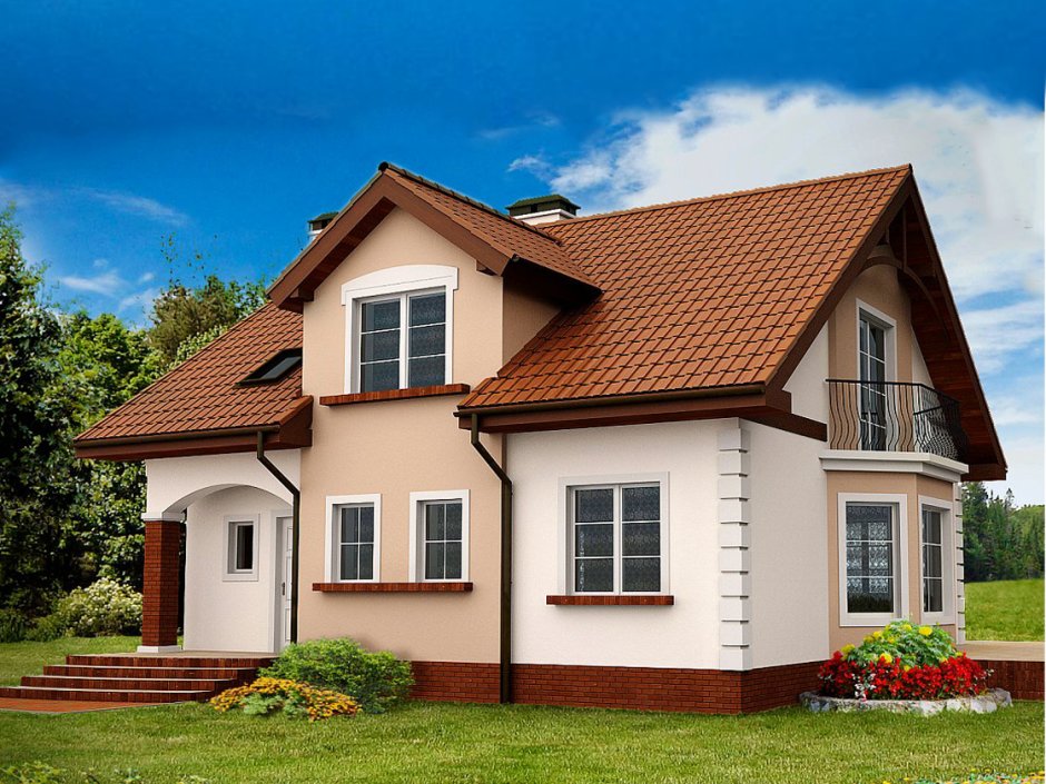 Оштукатуренный дом с коричневой крышей