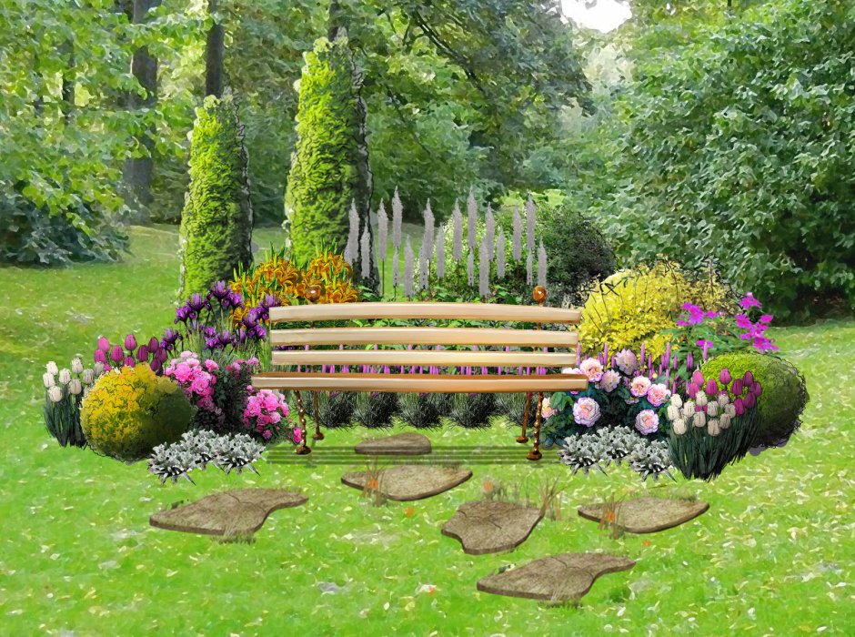 Сад со скамейкой и клумбой