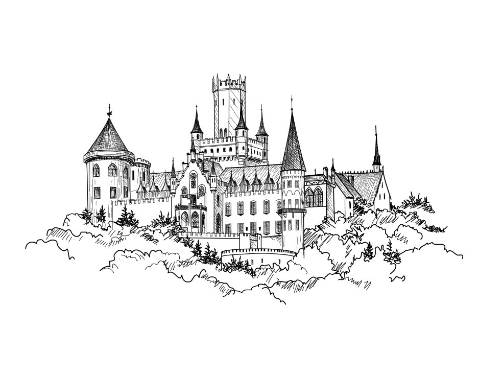 Зарисовку силуэтов европейскогосредневекового замка.