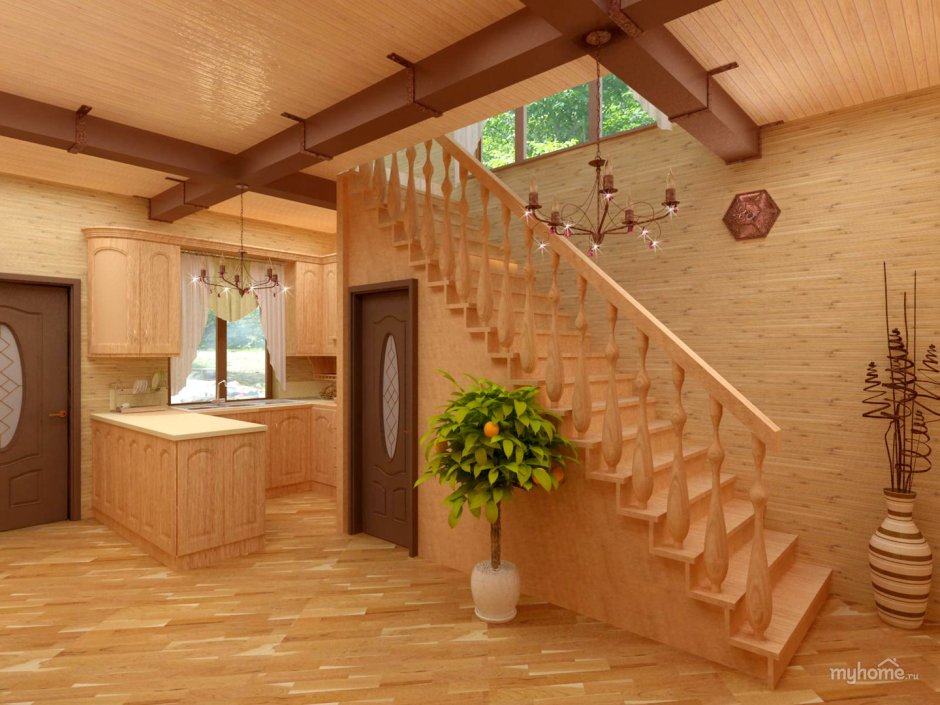 Кухня гостиная с лестницей на второй этаж в деревянном доме