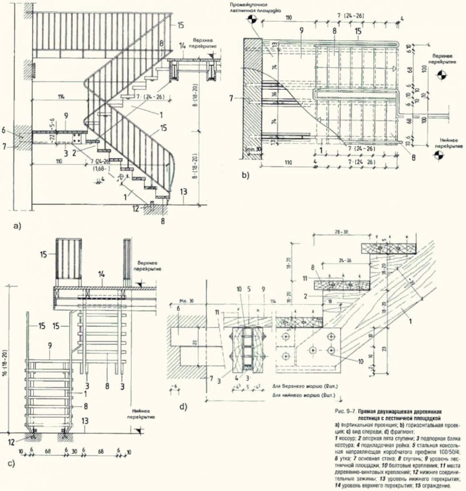 Деревянная двухмаршевая лестница чертеж