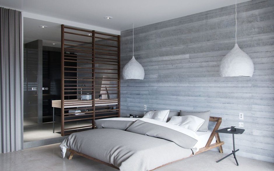 Спальня в стиле лофт с деревянной стеной