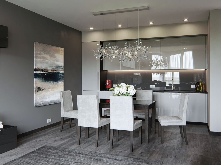 Бело серая кухня гостиная