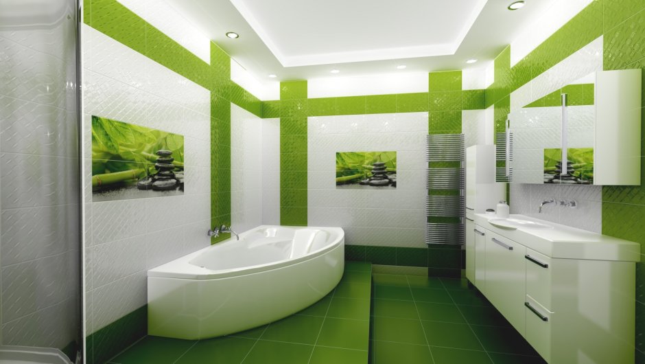 Ванна в зеленом цвете и в современном стиле