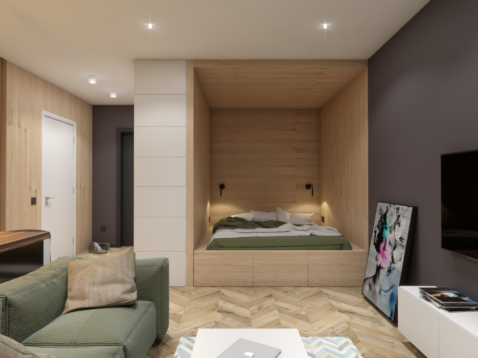 Однокомнатная квартира дизайн интерьера с кроватью