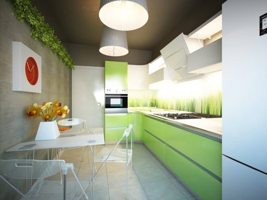 Дизайн кухни с зеленым кухонным гарнитуром