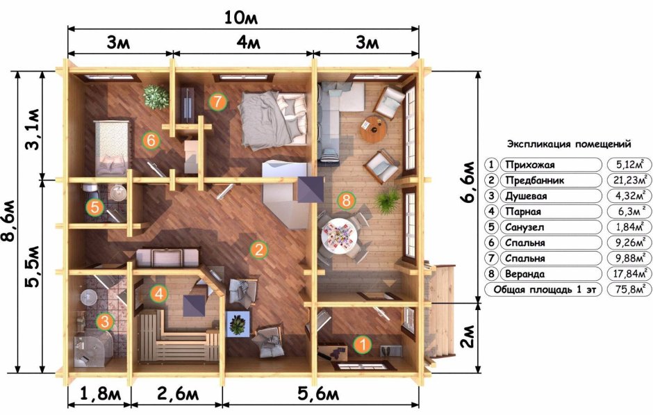 Баня 8х8 Одноэтажная планировка