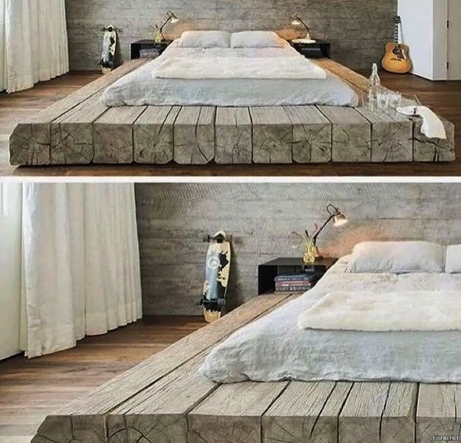 Деревянная кровать в интерьере