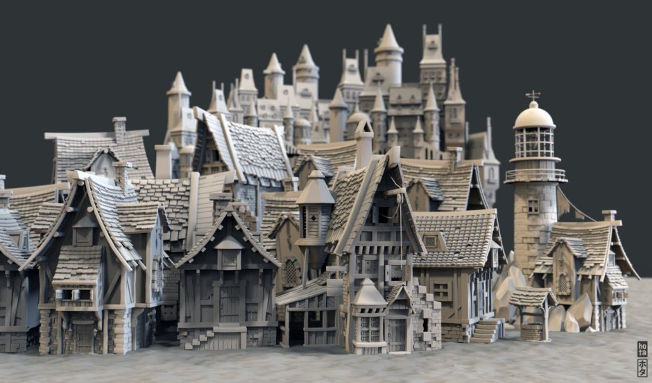 Средневековый город 3d Diorama концепт