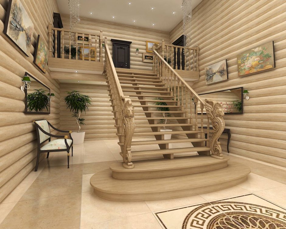 Красивые деревянные лестницы на 2 этаж в холле