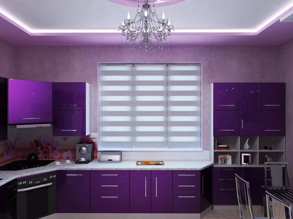 Дизайн кухни серый с фиолетовым