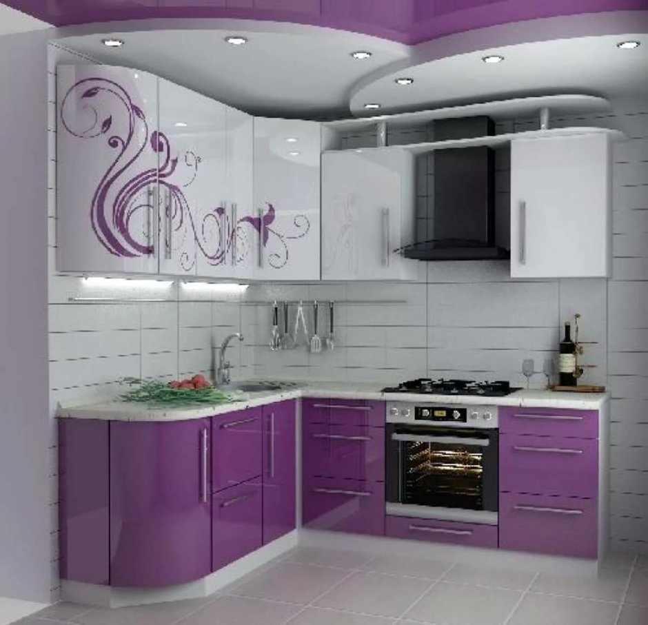 Кухня с лиловыми стенами и белой мебелью