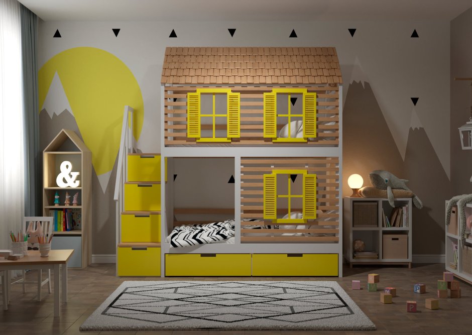 Двухэтажная кровать домик с лестницей комодом